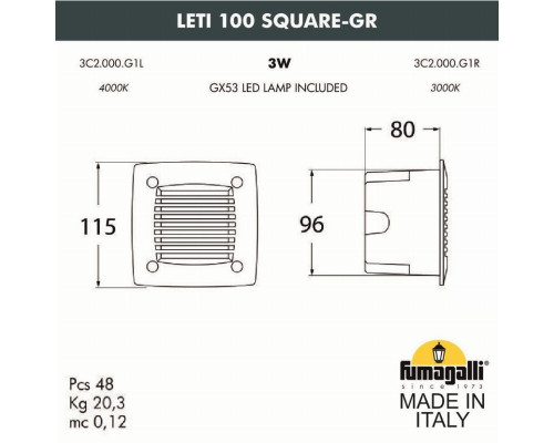 Светильник для подсветки лестниц встраиваемый Fumagalli LETI 100 Square-GR 3C2.000.000.WYG1L