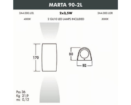 Уличный настенный светодиодный светильник Fumagalli Marta 2A4.000.000.LXU2L