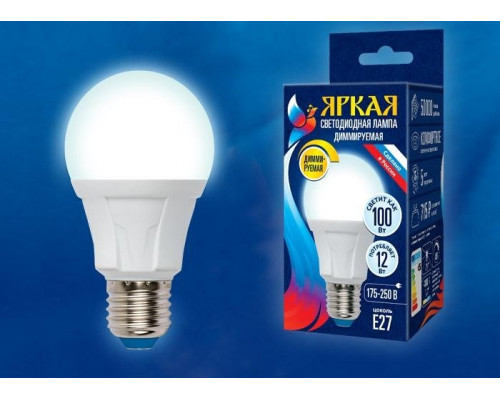 Диммируемая светодиодная лампа E27 12W 4000K (белый) Uniel LED-A60 12W-4000K-E27-FR-DIM PLP01WH (UL-00004289)