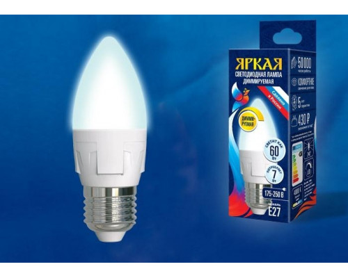 Диммируемая светодиодная лампа E27 7W 4000K (белый) Uniel LED-C37 7W-4000K-E27-FR-DIM PLP01WH (UL-00004295)