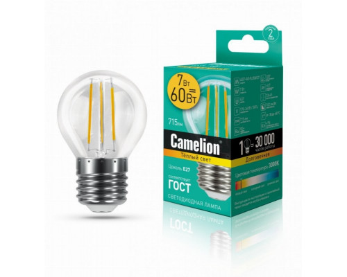 Филаментная лампа E27 7W 3000К (теплый) G95 Camelion LED7-G45-FL/830/E27 (13457)