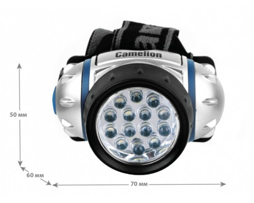 Налобный светодиодный фонарь на батарейках. Дистанция освещения - 25 м. Поворотный корпус. 4 режима работы. Camelion LED5312-14F4 (7536)