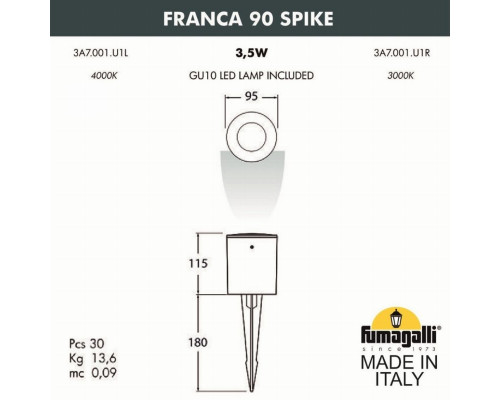 3A7.001.000.AXU1L Ландшафтный светильник FUMAGALLI FRANCA 90 SPIKE