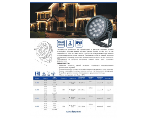 Светодиодный светильник ландшафтно-архитектурный Feron LL-885  85-265V 36W 2700K IP65 32146