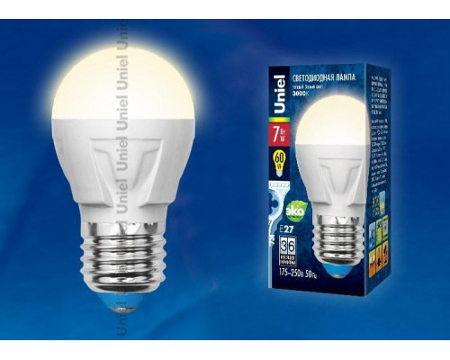 Светодиодная лампа E27 7W 3000K (теплый) Uniel LED-G45 7W-WW-E27-FR PLP01WH (UL-00002420)