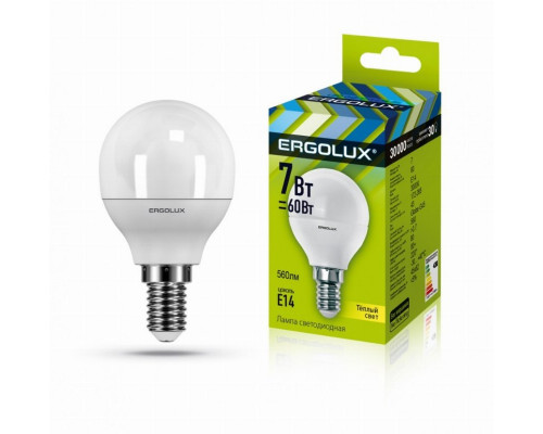 Светодиодная лампа E14 7W 3000K (теплый) Ergolux LED-G45-7W-E14-3K (12142)