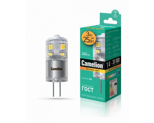 Светодиодная лампа G4 3W 3000K (теплый свет) Camelion LED3-G4-JD-NF/830/G4 (13862)