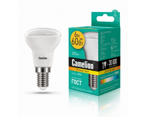 Светодиодная лампа E14 6W 3000К (теплый) R50 Camelion LED6-R50/830/E14 (11658)