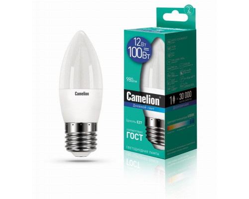 Светодиодная лампа E27 12W 6500К (дневной свет) Camelion LED12-C35/865/E27 (13692)