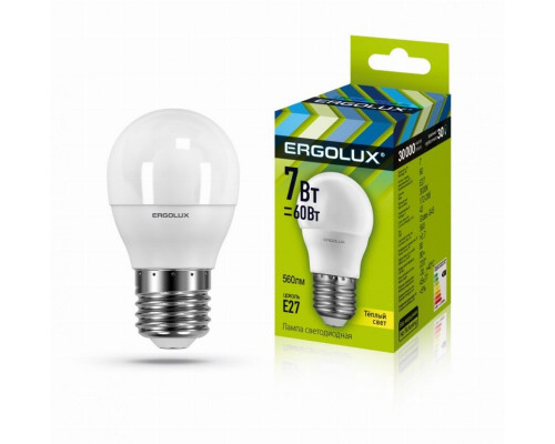 Светодиодная лампа E27 7W 3000K (теплый) Ergolux LED-G45-7W-E27-3K (12143)