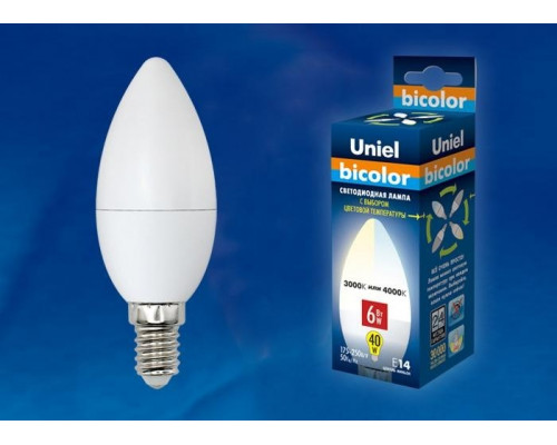 Светодиодная лампа E14 6W 4000K (белый) Bicolor Uniel LED-C37-6W-WW+NW-E14-FR PLB01WH (UL-00001570)