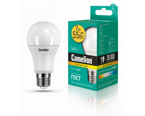 Светодиодная лампа E27 7W 3000К (теплый) A60 Camelion LED7-A60/830/E27 (11253)