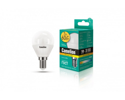 Светодиодная лампа E14 7W 3000 (теплый) G45 Camelion  LED7-G45/830/E14 (12069)