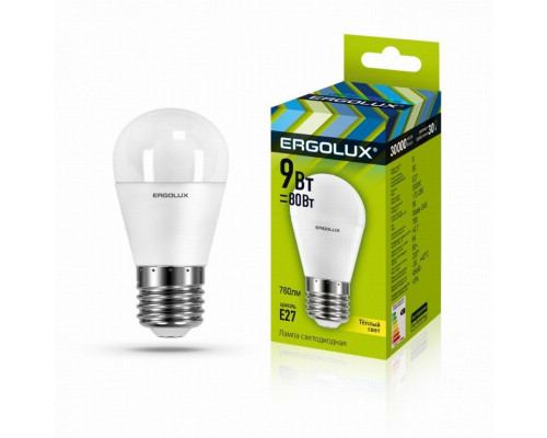 Светодиодная лампа E27 9W 3000K (теплый) Ergolux LED-G45-9W-E27-3K (13176)