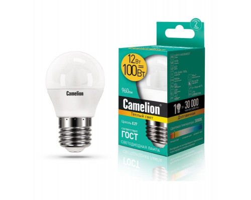 Светодиодная лампа E27 12W 3000К (теплый) G45 Camelion LED12-G45/830/E27 (13694)