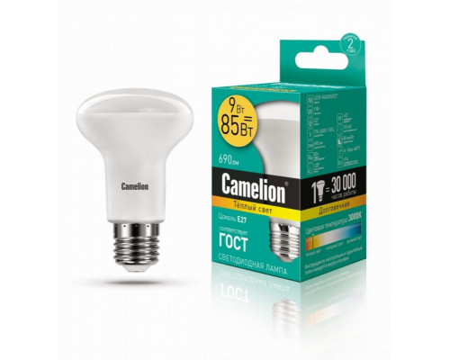 Светодиодная лампа E27 9W 3000К (теплый свет) Camelion LED9-R63/830/E27 (13476)