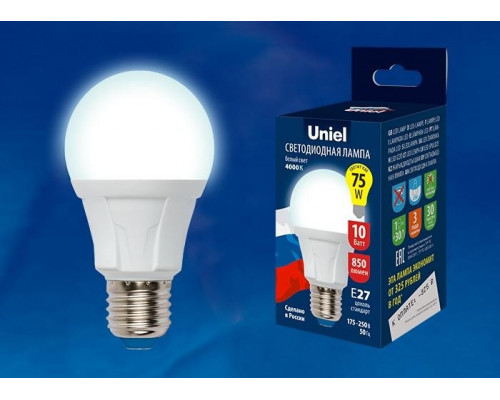 Светодиодная лампа E27 10W 6500K (холодный) Uniel LED-A60 10W-DW-E27-FR PLP01WH (UL-00002004)