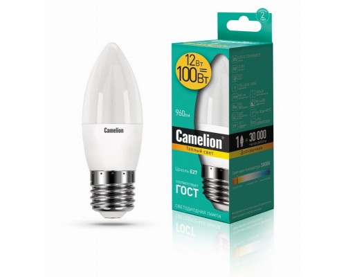 Светодиодная лампа E27 12W 3000К (теплый свет) Camelion LED12-C35/830/E27 (13688)