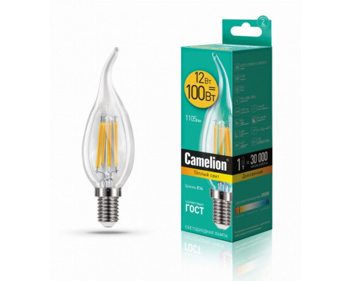 Светодиодная лампа E14 12W 3000К (теплый свет) Camelion LED12-CW35-FL/830/E14 (13710)