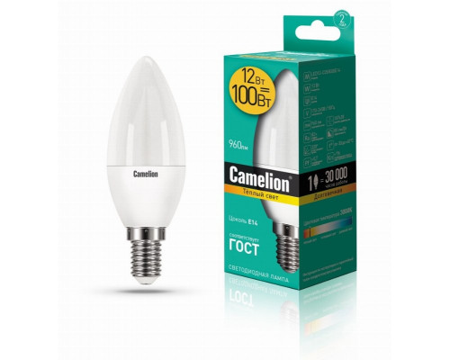 Светодиодная лампа E14 12W 3000К (теплый свет) Camelion LED12-C35/830/E14 (13687)