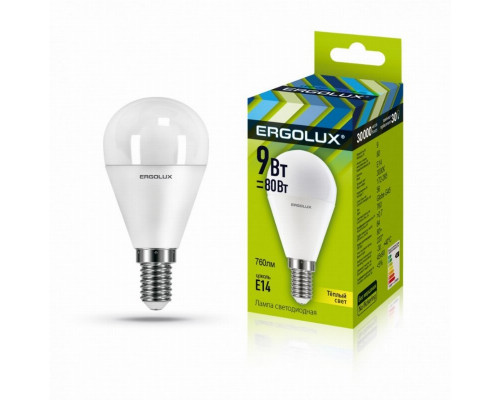 Светодиодная лампа E14 9W 3000K (теплый) Ergolux LED-G45-9W-E14-3K (13173)