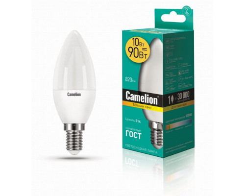 Светодиодная лампа E14 10W 3000К (теплый свет) Camelion LED10-C35/830/E14 (13559)