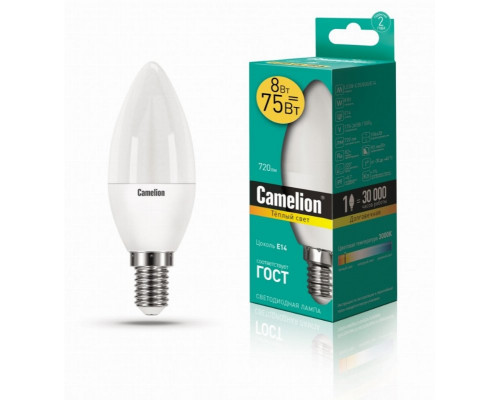 Светодиодная лампа E14 8W 3000К (теплый) C35 Camelion LED8-C35/830/E14 (12385)