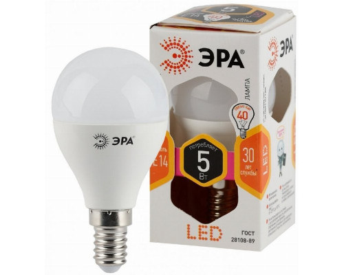 Лампа светодиодная ЭРА E14 5W 2700K матовая LED P45-5W-827-E14 Б0028485