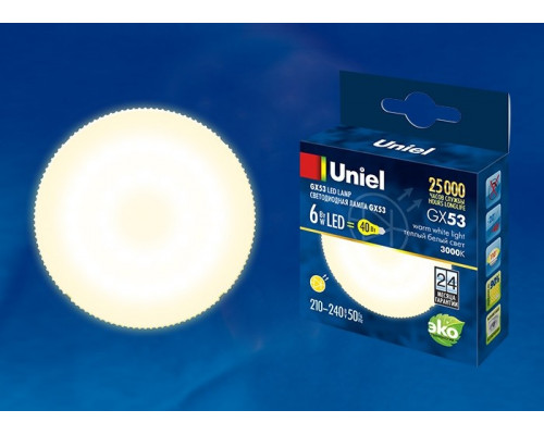 Лампа светодиодная (UL-00001670) Uniel GX53 6W 3000K матовая LED-GX53-6W/WW/GX53/FR PLZ01WH