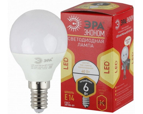 Лампа светодиодная ЭРА E14 6W 2700K матовая ECO LED P45-6W-827-E14 Б0020626