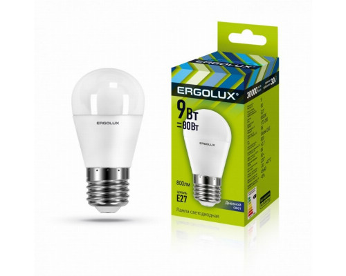 Светодиодная лампа E27 9W 6500K (холодный) Ergolux LED-G45-9W-E27-6K (13178)