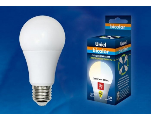 Светодиодная лампа E27 9W 4000K (белый) Bicolor Uniel LED-A60-9W-WW+NW-E27-FR PLB01WH (UL-00001569)