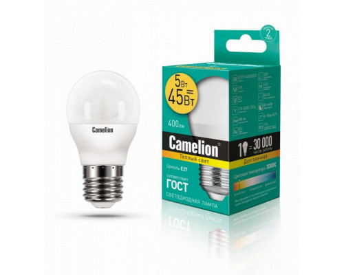 Светодиодная лампа E27 5W 3000К (теплый) G45 Camelion LED5-G45/830/E27 (12028)