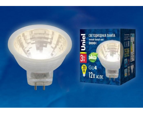 Лампа светодиодная (UL-00001700) Uniel GU4 3W 3000K прозрачная LED-MR11-3W/WW/GU4 GLZ21TR