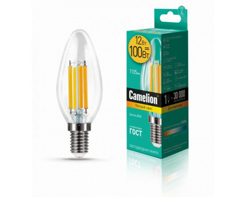 Светодиодная лампа E14 12W 3000К (теплый свет) Camelion LED12-C35-FL/830/E14 (13708)