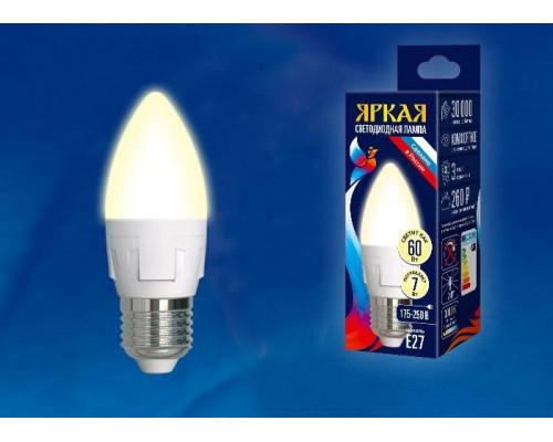 Светодиодная лампа E27 7W 3000K (теплый) Uniel LED-C37 7W-WW-E27-FR PLP01WH (UL-00002414)