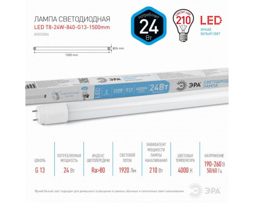 Светодиодная лампа G13 24W 4000К (белый) Эра LED T8-24W-840-G13-1500mm (Б0033006)