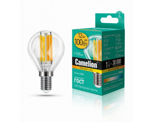 Филаментная лампа E14 12W 3000К (теплый) G45 Camelion LED12-G45-FL/830/E14 (13712)