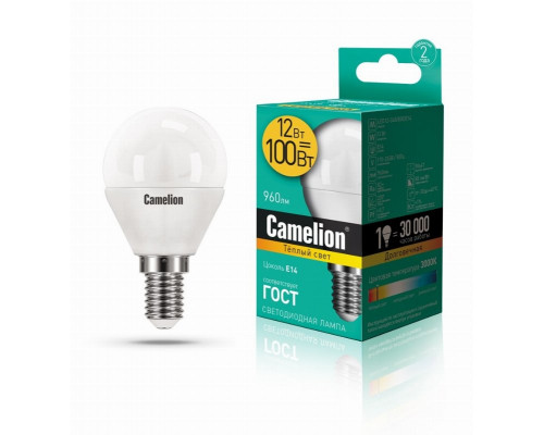 Светодиодная лампа E14 12W 3000К (теплый) G45 Camelion LED12-G45/830/E14 (13693)