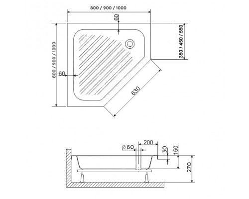 Душевой поддон трапеция RGW BT/CL-S (1000x1000)