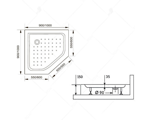 Душевой поддон трапеция RGW LUX/TN-TR 1000x1000