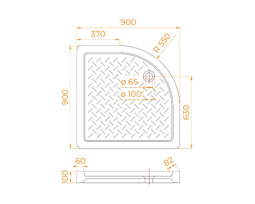 Поддон для душа полукруглый керамический RGW CR/R (900x900)